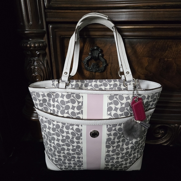Coach Heritage Signature Stripe Tote Gray and Pink - Picture 1 of 11